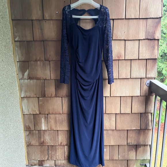 B&A By Betsy & Adam Lace-Sleeve Square-Neck Gown Women's 14 Navy Zip Closure~ - Picture 3 of 15